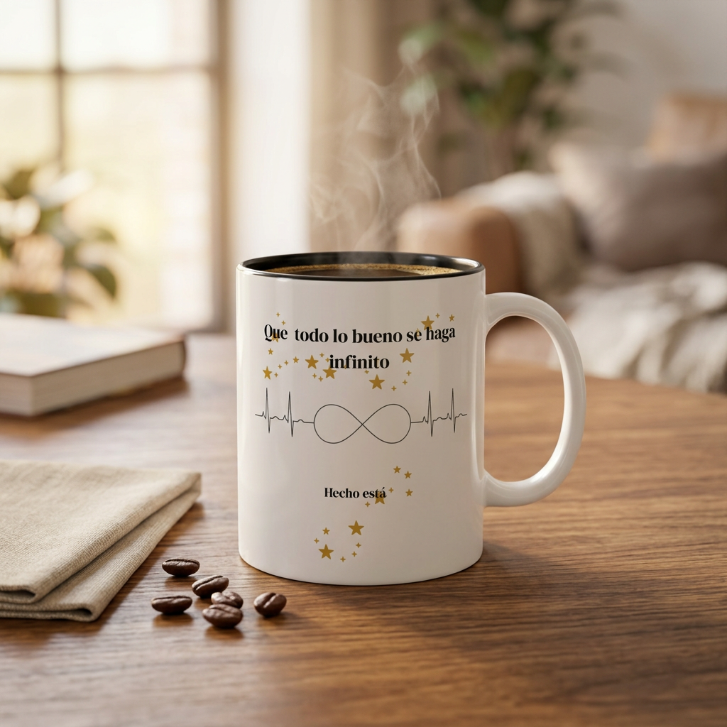 Taza con diseño de infinito sobre una mesa de madera con café en una escena cálida